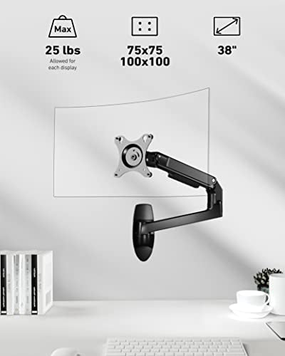 Ergounion Monitor Wall Mount for Flat or Curved Screens up to 38" Within 25 lbs, Full Motion Adjustable Monitor Arm Wall Mount with Cable Management, VESA 75x75/100x100mm, Black - color: Black, size: Single