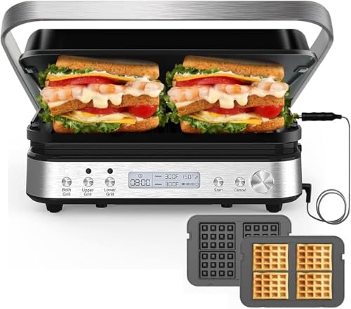 CATTLEMAN 6 in 1 Panini Press Grill with Removable Waffle Plates, 1600W - color: Silver with Waffle Plates
