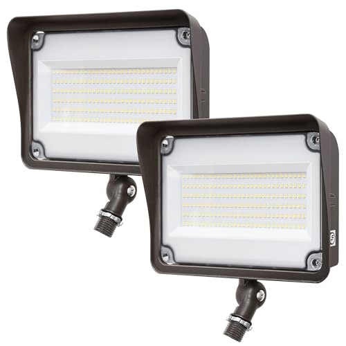 GKOLED 2-Pack 150W LED Flood Lights Outdoor, Dusk to Dawn 16,500LM Security Light, with Anti-Glare Guard, 120V 5000K Waterproof Landscape Lighting, Aluminum, 1/2" Knuckle Mount, UL Listed - size: 2 Pack