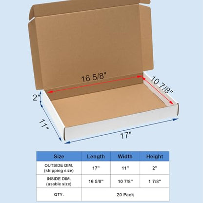 Wowxyz Shipping Boxes 17x11x2" 20 Pack White Corrugated Cardboard Mailer - size: 17x11x2"