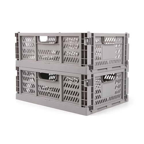 2 Pack Stackable Storage Crates, Plastic Foldable Baskets Large, Gray - color: Gray, size: Large: 15.7" x 11.8" x 5.9"