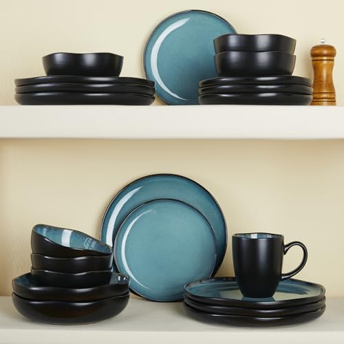 Pokini Stoneware Dinnerware Sets for 8, 32Pcs Ceramic Plates and Bowls Sets - color: Green Black, size: Set (32pcs)