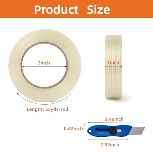 2-Pack Mono Filament Strapping Tape with Portable Craft Knife, 5.5mil x 1Inch x 55yds, Heavy Duty Transparent Reinforced Fiberglass Tape