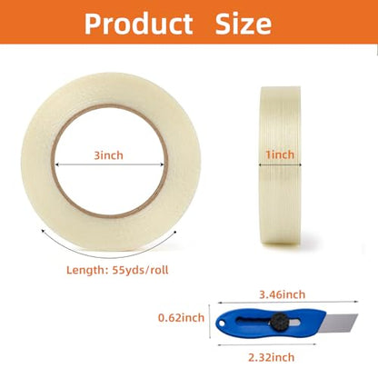 2-Pack Mono Filament Strapping Tape with Portable Craft Knife, 5.5mil x 1Inch x 55yds, Heavy Duty Transparent Reinforced Fiberglass Tape