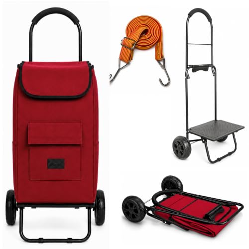 Shopping Cart, Super Loading Grocery Trolley, 220 lbs Capacity, Foldable Cart with Extra Large Shopping Bag Portable Grocery Utility Cart with Adjustable Bungee Cord (Red) - color: Red