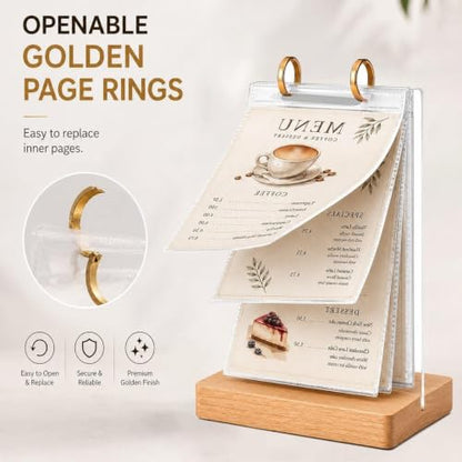 1Pcs Flip Menu Holder, with 6 Pages Sleeve, Removable Pages, 4" X 6" Table Sign Display Stand, with Wooden Base, Rotating Poster Binders Rack, for Photo, Restaurant, Job Fair - size: Beechwood Color-4x6"-1pcs