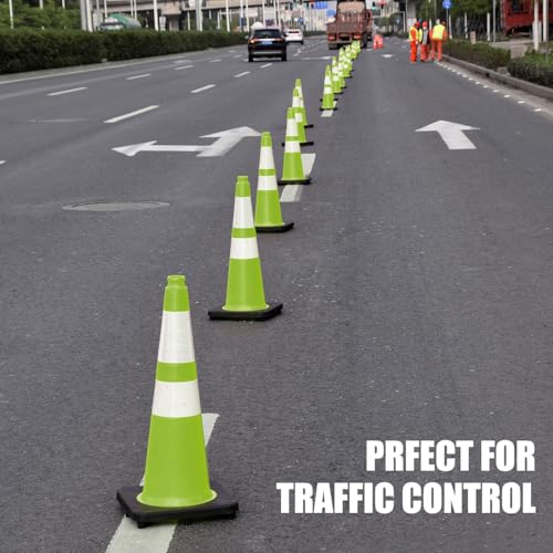 Fluorescent Orange/Green PVC Traffic Cones, Heavy Black Base Parking Lot Cone Structurally Stable Weatherproof Road Construction Safety Cones (4, Green, 28" Large) - size: 28" Large