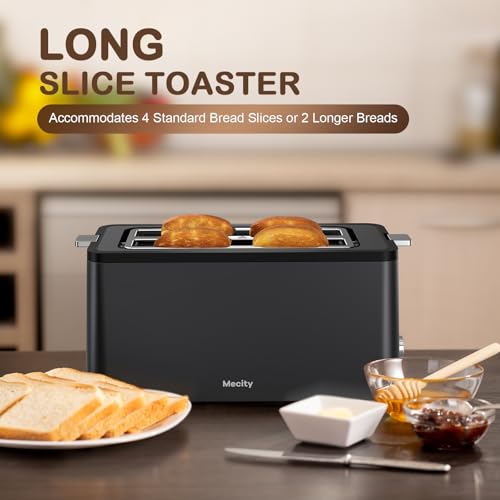 Mecity 4 Slice Toaster, Long Slot Toaster with Timer, Bagel, Defrost, Reheat, Cancel Functions, Warming Rack, Removable Tray, 6 Browning Settings, Extra Wide Slots, Stainless Steel, 1300W - size: 2 Long Slots