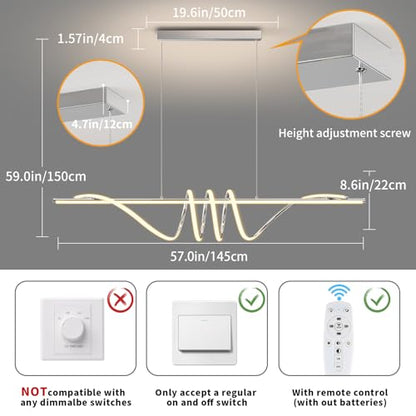 Modern Pendant Light Kitchen Island 57in Dimmable Hanging Lamp 3000k-6000K Adjustable Warm/Nautral/White with Remote Control, Dining Room Light Fixture Chrome Silver - color: A-Silver, size: 57inch
