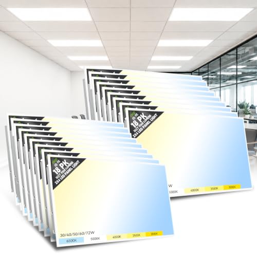 OKQ 2x4 LED Flat Panel Light Drop Ceiling Office Fixture, 5 CCT 3000K-6500K Adjustable & 5 Wattage Selectable,0-10V Dimmable, 2X4 LED Flush Mount Ceiling Light, ETL Listed 18 Pack - size: 2x4FT-18Pack