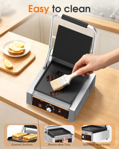 Commercial Panini Press - 1800W Electric Panini Sandwich Grill w/Nonstick Coating & Adjustable Temp, Stainless Steel, Panini Grill Press w/9"x9" Cooking Pan (Full Flat), Double-sided Heating - style: 9"x9" Smooth Plates