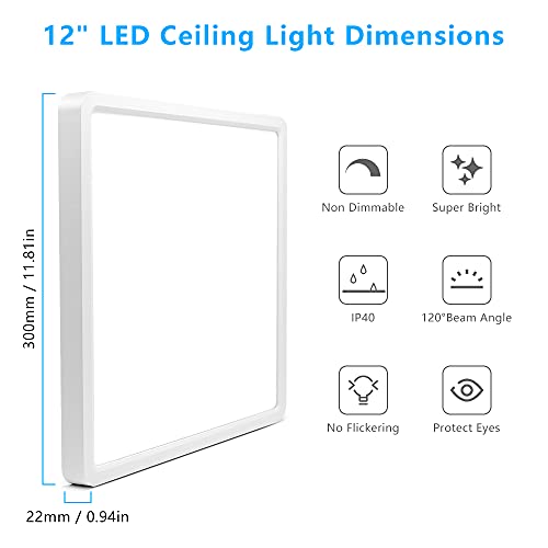 LightingWill 12Inch 24W Square LED Ceiling Light Fixtures Flush Mount, 2800K Warm White LED Ceiling Lamp, Surface Mount Modern Ceiling Lights for Bedroom, Kitchen, Bathroom, Living Room - color: Warm White, size: 12 inch White