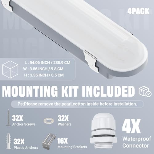 JTT 4Pack 8FT LED Vapor Tight Light 120/100/80W Options 3CCT 0-10V Dimmable - size: 8FT (4-Pack)-New