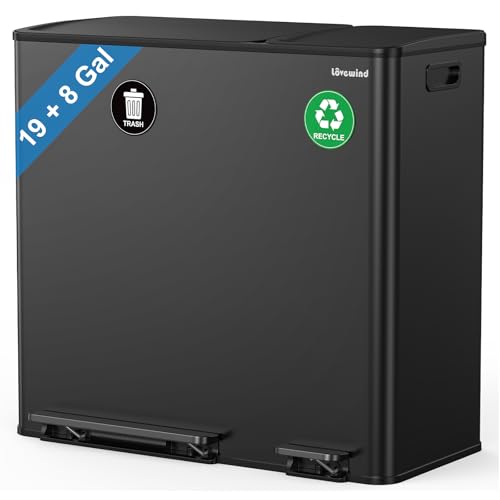 Dual Trash and Recycling Bins for Kitchen, 19+8 Gallon (72+30L) Stainless Steel Trash and Recycle Bin Combo with Soft-Close Lid, Large Garbage Cans for Kitchen Home with 2 Magnets Sticker, Black - color: Black