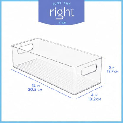 Plastic Food Storage 4 Pack Clear Container Bin with Handles for Organizing Kitchen, Pantry, Refrigerator, Freezer, Pantry, Cabinet, Closet, Bathroom. 12”x4”x5” - size: 12x4x5