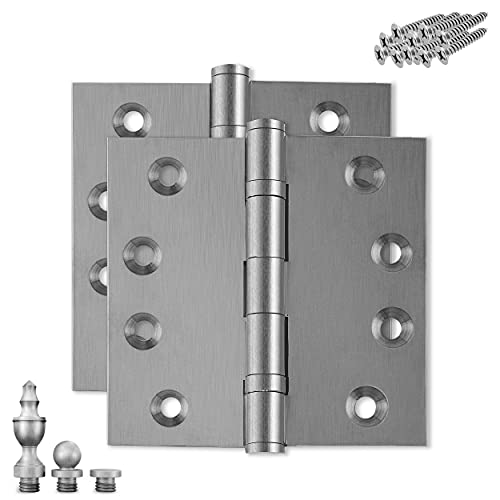 Solid Brass Door Hinge Heavy Duty Ball Bearing Matte Silver 4x4 Inch with Decorative Screw-on Tips Included - Set of 2 Hinges (Satin Nickel) - color: Satin Nickel