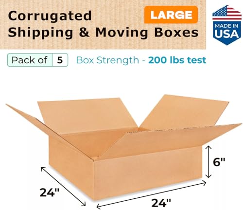 Large Shipping & Moving Boxes 24 x 24 x 6 inches (5-Pack) - Extra Strength 200 lb vs Regular - Corrugated Packing Boxes, Made in USA - Packing Box by IDL Packaging - size: 24 * 24 * 6" (Large Boxes)