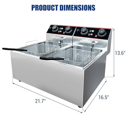 Commercial Deep Fryer with Basket, 12L Electricity Countertop Fryer Stainless Steel, 1800W Professional Food Fryer with Thermostat for Restaurant & Home, Large Capacity 12.7QT Oil Fryer, 120V - size: 8L double cylinder double screen