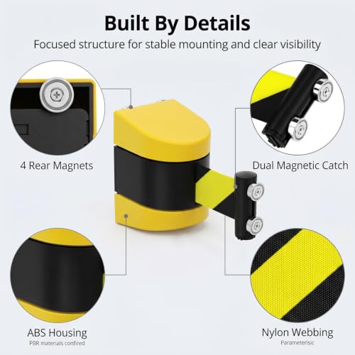 QWORK 2 Pack Magnetic Wall Mount Retractable Belt Barrier 15ft Yellow ABS Case – Heavy Duty Safety Line for Warehouse Aisles, Loading Bays & Hallways – Retractable Crowd Control Barrier