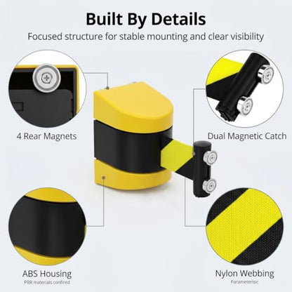 QWORK 2 Pack Magnetic Wall Mount Retractable Belt Barrier 15ft Yellow ABS Case – Heavy Duty Safety Line for Warehouse Aisles, Loading Bays & Hallways – Retractable Crowd Control Barrier