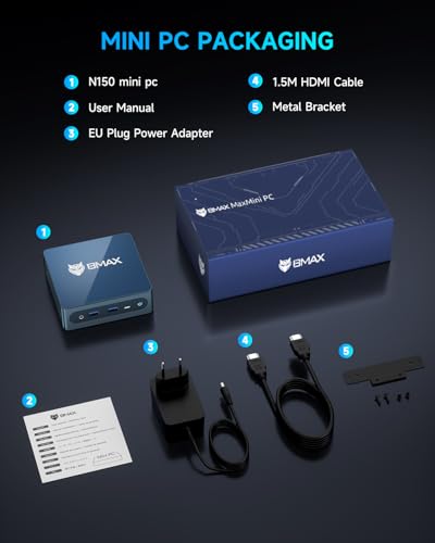 Bmax Mini PC B4 Ultra, Intel N150 (Up to 3.6GHz) 12GB LPDDR5 512GB SSD, Windows 11 Mini Desktop Computer, Dual 4K HDMI 2.1, WiFi 5, BT 5.0, USB-C – Small PC for Streaming, HTPC & Digital Signage - color: Blue