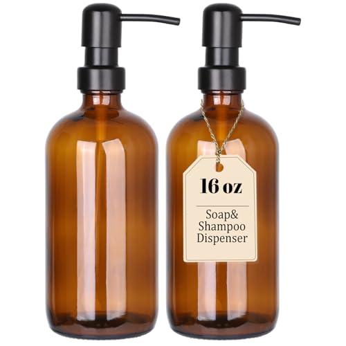 GeeRic 32 Ounce Glass Soap Dispensers, 2 Pack Refillable Amber Glass Bottles with Stainless Steel Pump, Bathroom Kitchen Liquid Dispenser for Hand Soap, Lotion, Shampoo
