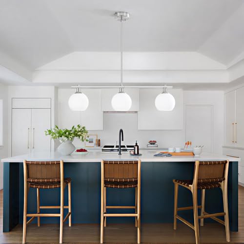 3 Lights Linear Pendant Light Kitchen Island Lighting with Milk Glass Shade, Modern Farmhouse Chandelier, Brushed Nickel Chandelier for Dining Room Light Fixture for Over Island Over Table Bar - color: Brushed Nickel