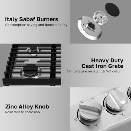 ThermoMate Heavy 30 Inch Gas Cooktop with 4 Italy Sabaf Power Burners, Built In Gas Stove Top of 304 Stainless Steel, NG/LPG Convertible with Thermocouple Protection CSA Certified - size: 30 inch 4 burners