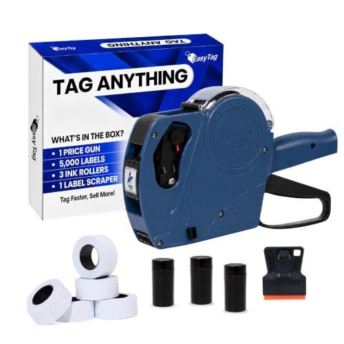Easy Tag Lite Price Gun, 8 Digits 5500EOS Pricing Gun with 5,000 White Label Stickers, 3 Ink Rollers, 1 Scraper, Price Guns for Retail, Yard Sale (Blue)