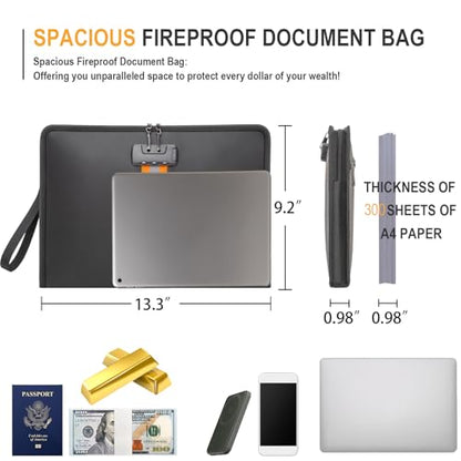 Fireproof Document Bag with Lock，13"×9.2" Fireproof Money Bag，with Zipper and Lock，Suitable for Tablets, A4 Documents, Cash, Mobile Phones, Credit Cards and Notarized Documents. - size: 13*1*9 inches