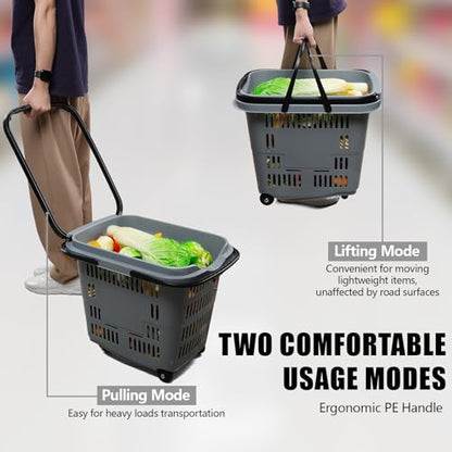 Teyyvn 4 PCS 50L Plastic Rolling Shopping Basket with Handle, Gray