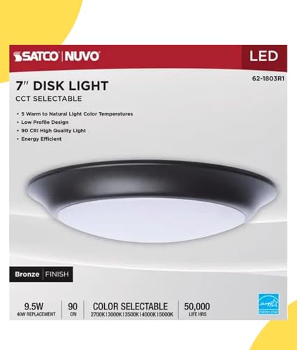 Satco 62-1803R1 7 Inch LED Disk Light, CCT Selectable 2700K-5000K, 780 Lumens, 9.5W, Triac Dimmable, 90 CRI, Wet Rated, Bronze Finish, 120 Volt, Energy Star JA8 (12 Pack)