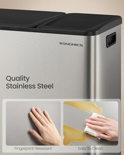 SONGMICS Trash Can, 13 + 6 Gallon Dual-Compartment, Soft-Close Lid - color: Silver, size: 13 + 6 Gallon