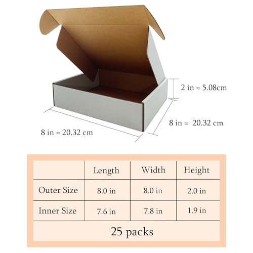 8x8x2 Inch Shipping Boxes Set of 25,White Corrugated Cardboard Mailers - size: 8x8x2 inches