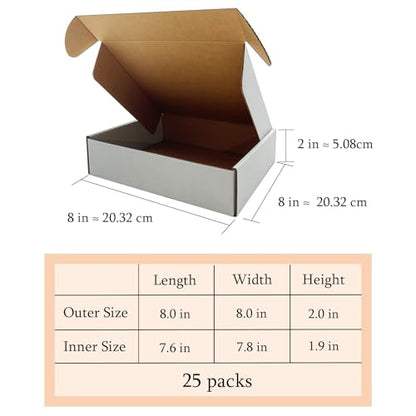 8x8x2 Inch Shipping Boxes Set of 25,White Corrugated Cardboard Mailers - size: 8x8x2 inches