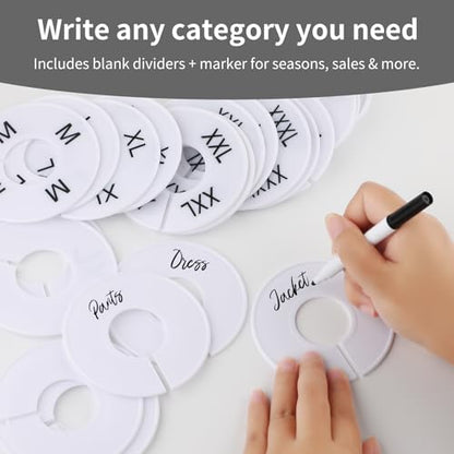 25 PCS Clothing Rack Size Dividers, Round White Plastic Size Markers, Pre-Labeled (XXS-XXXL) & Blank Dividers with Erasable Pen Closet Dividers for Hanging Clothes, Retail Store, Wardrobe Organizer