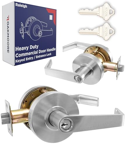 OAKMOORE Commercial Entry Door Handle | Grade 2 Ultra Heavy Duty Lockset with Keys | Offices, Stores, Industrial | UL CUL & ADA | Satin Nickel | ANSI A156.2 | Durable Knob for High-Traffic Areas - size: Entry (Key/Front Entrances)