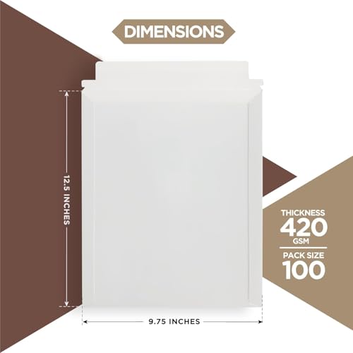 100 Pack 9.75x12.5 Inches Rigid Mailers – Self Adhesive White Stay Flat Mailers – Used as Mailing Supplies for Mailing Documents, Photos, CDs, Magazines and Literature - size: 9.75x12.5"-Pack of 100