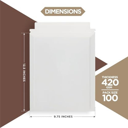 100 Pack 9.75x12.5 Inches Rigid Mailers – Self Adhesive White Stay Flat Mailers – Used as Mailing Supplies for Mailing Documents, Photos, CDs, Magazines and Literature - size: 9.75x12.5"-Pack of 100