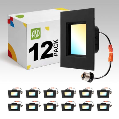 ASD LED Black Retrofit 4 Inch Recessed Lights - Square 9W 709LM 2700-5000K Recessed Lighting 4 Inch, Wet Rated Dimmable Can Lights, Baffle Trim Wafer Lights, UL 12 Pack - color: Black, size: 12 Pack