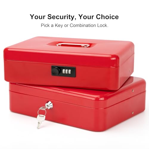 Jssmst Metal Cash Box with Money Tray and Lock, Portable Cash Drawer, 11.8" - color: Red Key