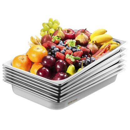 VEVOR 6 Pack Stainless Steel Hotel Pans,2.5-Inch Deep 0.8mm Thick Commercial Food Pans, Anti-Jam Catering Food Storage Metal Pan for Steam Tables, Food Warmer,20.8 x 13 x 2.5inch - size: 1/1 Size, style: 2.5 inch Deep 6 Pack