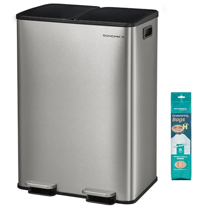 SONGMICS Trash Can, 2 x 8 Gallon (2 x 30 L) Dual-Compartment, Soft-Close - color: Silver, size: 2 x 8 Gallon