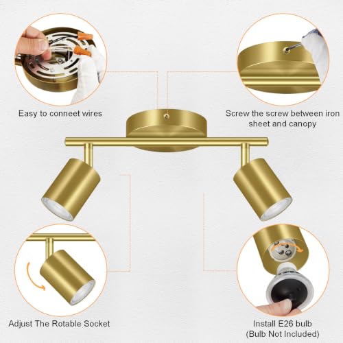 BoostArea LED 2 Light Track Lighting Kit, Gold 2 Way Ceiling Spot Lighting, Flexibly Rotatable Light Head for Kitchen, Living Room, Bedroom, GU10 Bulb Not Included - color: 2 Light-Gold