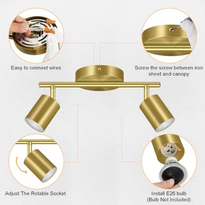 BoostArea LED 2 Light Track Lighting Kit, Gold 2 Way Ceiling Spot Lighting, Flexibly Rotatable Light Head for Kitchen, Living Room, Bedroom, GU10 Bulb Not Included - color: 2 Light-Gold