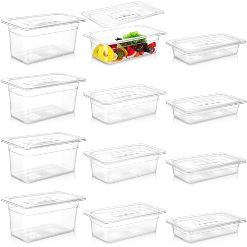 Tioncy 12 Pcs 1/3 Size Clear Food Pans with Lids - Stackable Plastic Salad Bar Containers - Commercial Food Storage - Transparent Hotel Pans for Vegetables, Fruits, Beans, Corns - 2.5'', 4'', 6'' Deep - color: 1/3 Size