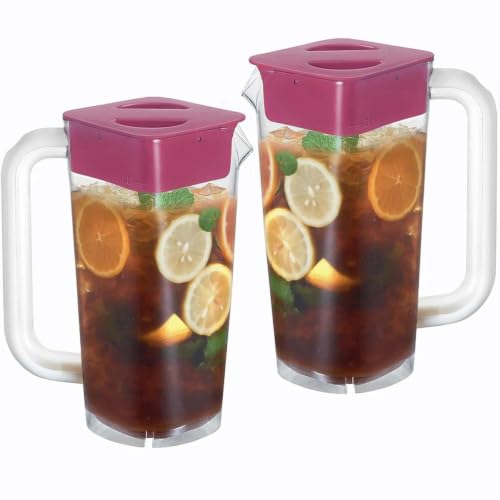 CURTA 2 Pack 2 Liters/68 oz Plastic Pitcher with Lid & Handle for Kitchen,ICED JUICE and Coffee Carafe Beverage Serveware, Acrylic Water Jug for Hot/Cold Drinks&lemonade - color: Red & Red