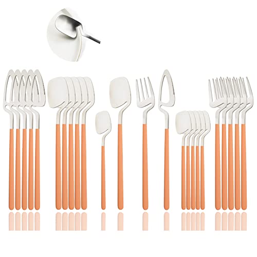 JASHII Silverware Set - 24-Piece Stainless Steel Flatware Set with Satin Finish - Dishwasher Safe - Matte Orange Silver - color: Orange silver 24pcs, size: service 6