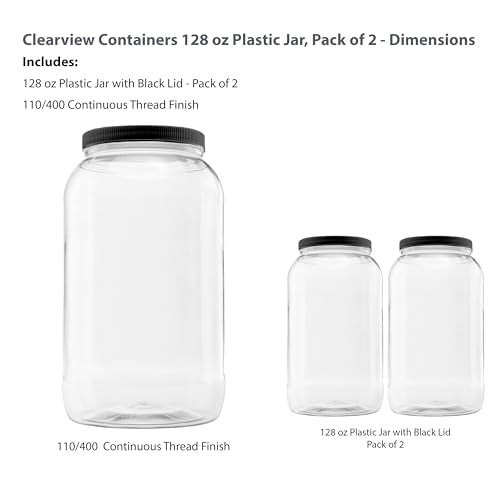 2 Pack - 128 oz (1 Gallon) Plastic Storage Jars with 110-400 Leak Proof Black Lids, Food Grade, BPA Free, Hand Wash Only (128oz, BLK, 2PK) - size: 2pk - 128oz, Black