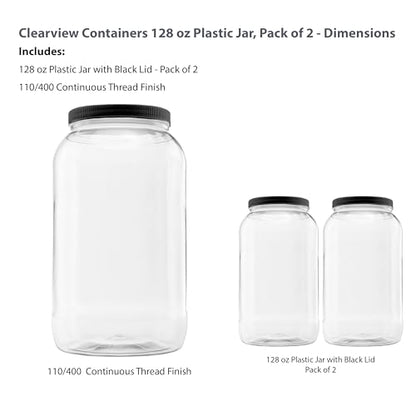 2 Pack - 128 oz (1 Gallon) Plastic Storage Jars with 110-400 Leak Proof Black Lids, Food Grade, BPA Free, Hand Wash Only (128oz, BLK, 2PK) - size: 2pk - 128oz, Black